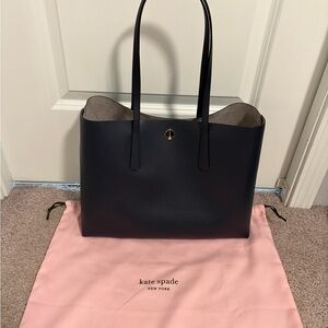 kate spade navy blue leather tote with gold spade emblem